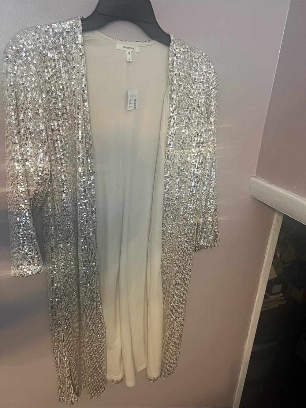 Maurice’s Duster Cardigan Silver Sequin Open-Front Long Coat Size S New